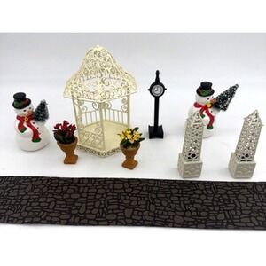 Dept 56 Nine Piece Lot Snow Village & Season's Bay - Snowman Gazebo Lattice Road